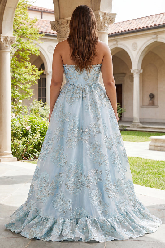 Floral Light Blue Plus Size Sweetheart Ruffled Long Corset Prom Dress with Slit