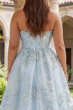 Floral Light Blue Plus Size Sweetheart Ruffled Long Corset Prom Dress with Slit