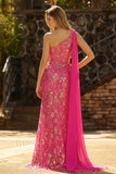 Sparkly Fuchsia Floral One Shoulder Cut Out Mermaid Long Prom Dress with Slit
