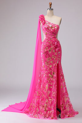Sparkly Fuchsia Floral One Shoulder Cut Out Mermaid Long Prom Dress with Slit