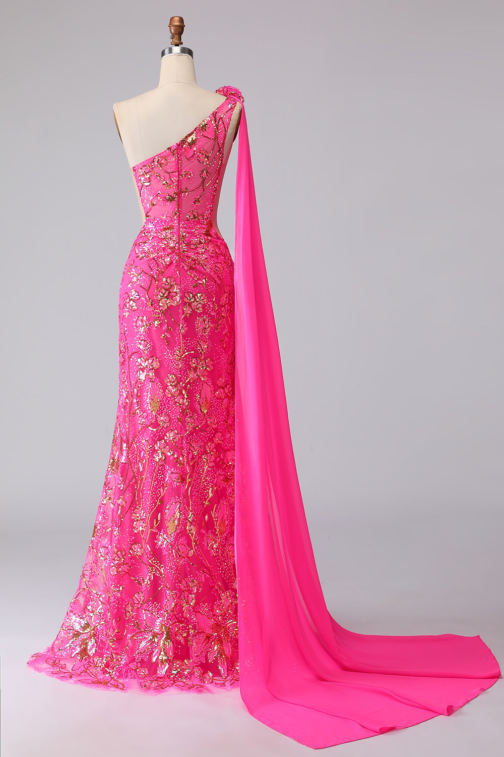 Sparkly Fuchsia Floral One Shoulder Cut Out Mermaid Long Prom Dress with Slit