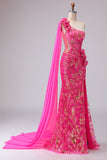 Sparkly Fuchsia Floral One Shoulder Cut Out Mermaid Long Prom Dress with Slit