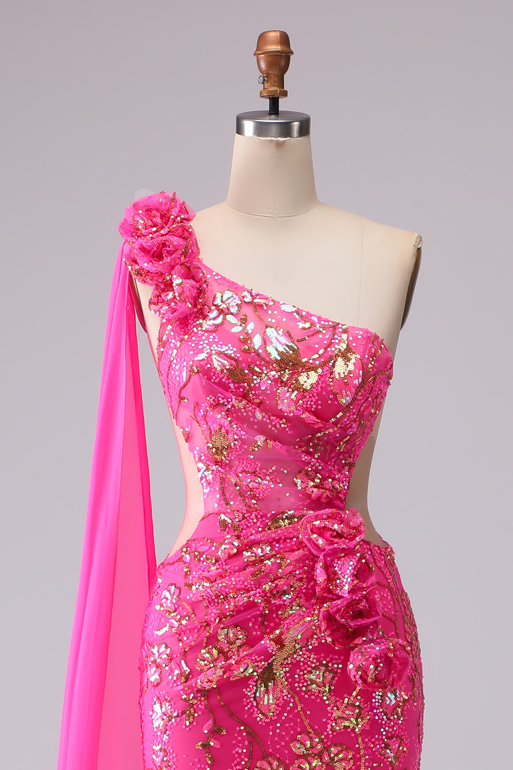 Sparkly Fuchsia Floral One Shoulder Cut Out Mermaid Long Prom Dress with Slit