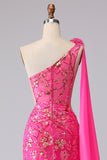 Sparkly Fuchsia Floral One Shoulder Cut Out Mermaid Long Prom Dress with Slit