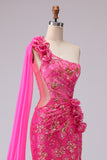 Sparkly Fuchsia Floral One Shoulder Cut Out Mermaid Long Prom Dress with Slit