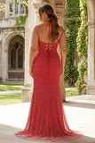 Plus Size Sparkly Red Beaded Halter Mermaid Long Prom Dress with Slit