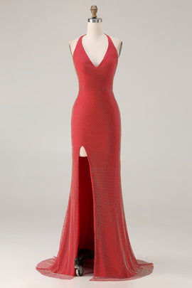 Sparkly Red Mermaid Halter Beaded Long Prom Dress with Slit