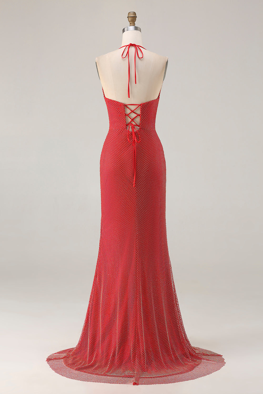 Zapakasa Women Sparkly Red Beaded Long Prom Dress with Slit Mermaid Halter Neck Lace Up Back Gala Dress Zapakasa Women Sparkly Red Beaded Long Prom Dress with Slit Mermaid Halter Neck Lace Up Back Gala Dress