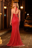 Sparkly Red Mermaid Halter Beaded Long Prom Dress with Slit
