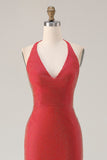 Sparkly Red Mermaid Halter Beaded Long Prom Dress with Slit