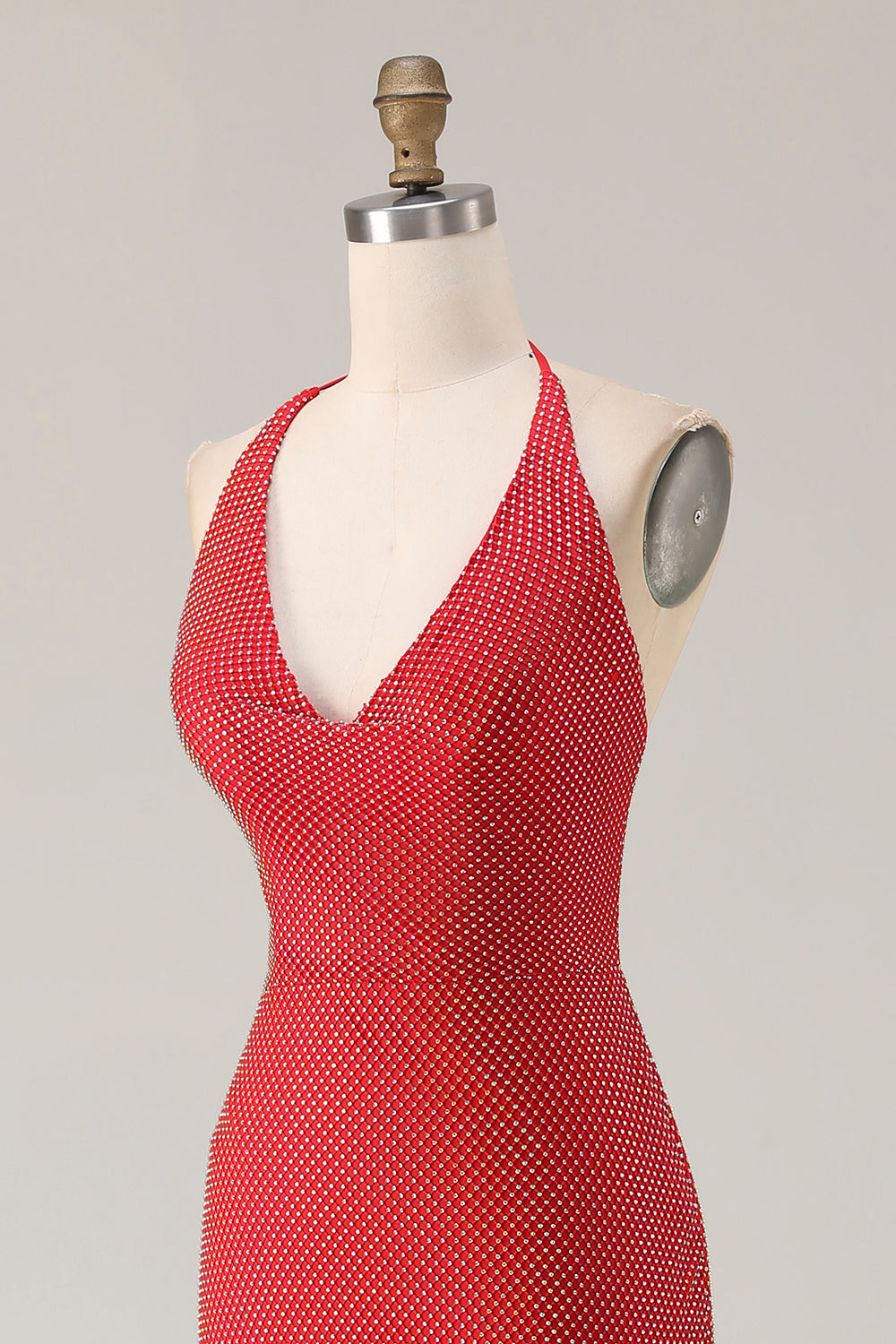 Sparkly Red Mermaid Halter Beaded Long Prom Dress with Slit