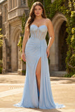 Plus Size Sparkly Sky Blue Beaded Mermaid Long Corset Prom Dress with Slit