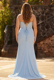 Plus Size Sparkly Sky Blue Beaded Mermaid Long Corset Prom Dress with Slit