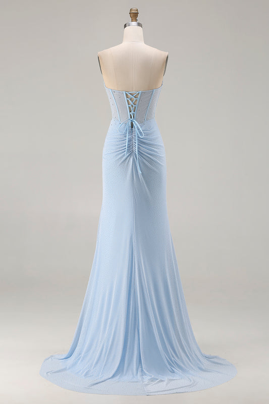 Sparkly Sky Blue Mermaid Beaded Long Corset Prom Dress with Slit