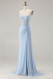 Sparkly Sky Blue Mermaid Beaded Long Corset Prom Dress with Slit