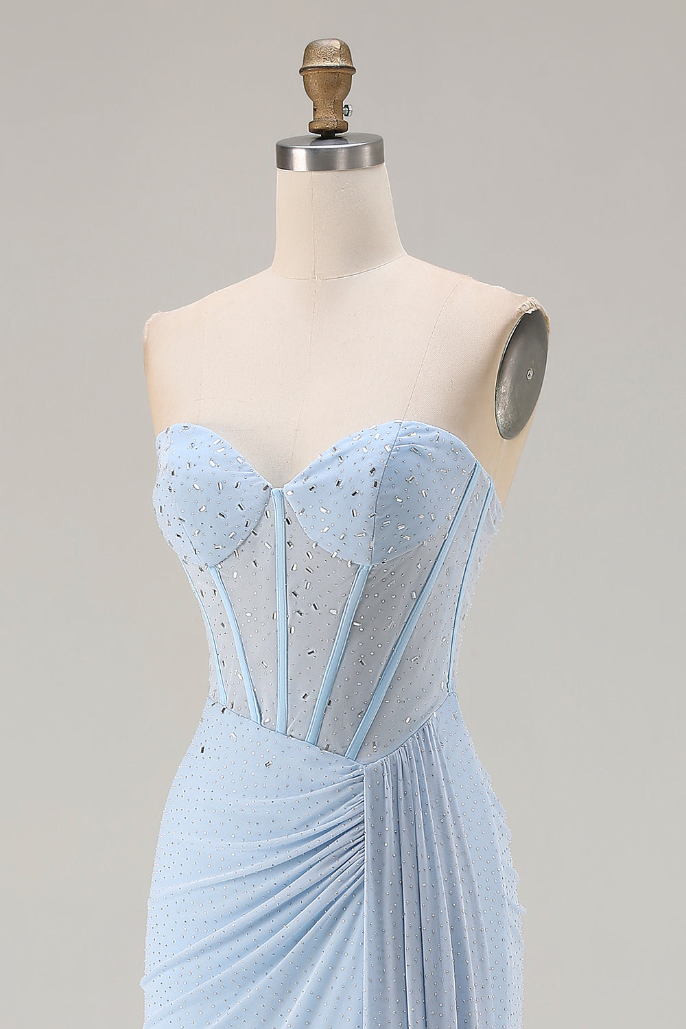 Sparkly Sky Blue Mermaid Beaded Long Corset Prom Dress with Slit
