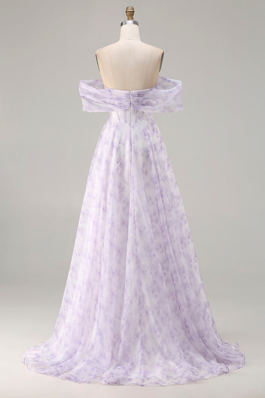 Floral Lilac A Line Off the Shoulder Long Corset Prom Dress with Slit