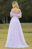 Floral Lilac A Line Off the Shoulder Long Corset Prom Dress with Slit