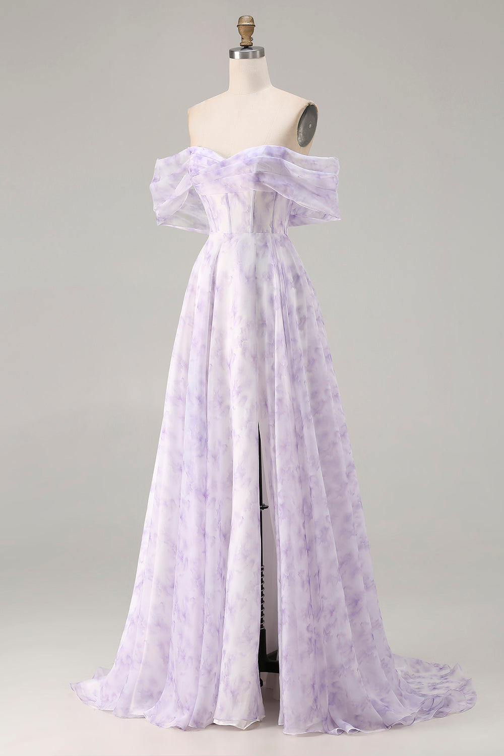 Floral Lilac A Line Off the Shoulder Long Corset Prom Dress with Slit
