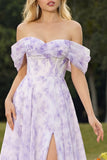 Floral Lilac A Line Off the Shoulder Long Corset Prom Dress with Slit