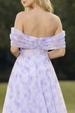 Floral Lilac A Line Off the Shoulder Long Corset Prom Dress with Slit