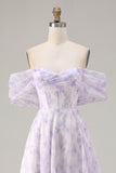 Floral Lilac A Line Off the Shoulder Long Corset Prom Dress with Slit