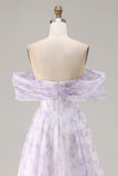 Floral Lilac A Line Off the Shoulder Long Corset Prom Dress with Slit