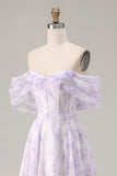 Floral Lilac A Line Off the Shoulder Long Corset Prom Dress with Slit