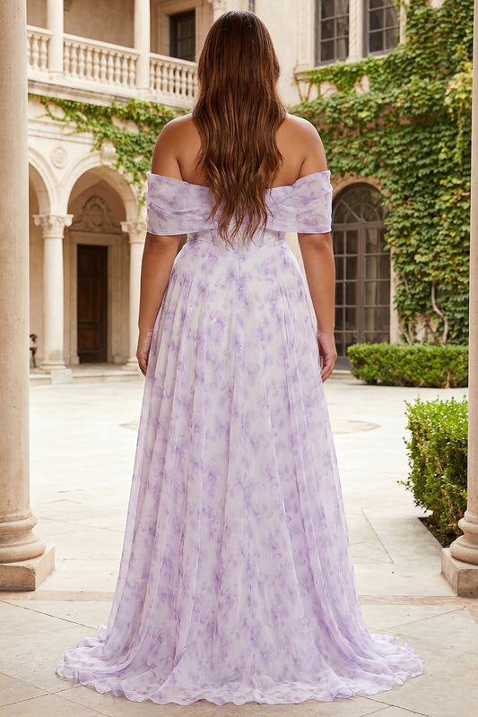 Floral Lilac Plus Size A Line Off the Shoulder Long Corset Prom Dress with Slit