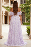 Floral Lilac Plus Size A Line Off the Shoulder Long Corset Prom Dress with Slit