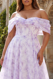 Floral Lilac Plus Size A Line Off the Shoulder Long Corset Prom Dress with Slit