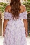 Floral Lilac Plus Size A Line Off the Shoulder Long Corset Prom Dress with Slit