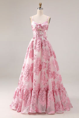 Floral Pink Spaghetti Straps Long Corset Prom Dress with Keyhole