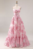 Floral Pink Spaghetti Straps Long Corset Prom Dress with Keyhole