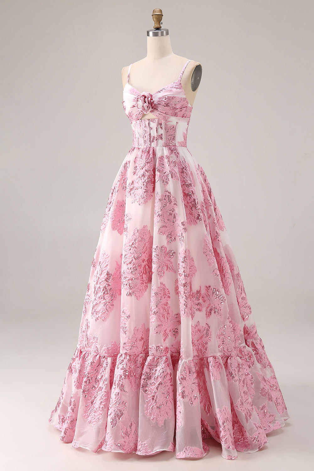 Floral Pink Spaghetti Straps Long Corset Prom Dress with Keyhole
