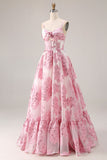 Floral Pink Spaghetti Straps Long Corset Prom Dress with Keyhole