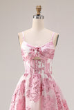 Floral Pink Spaghetti Straps Long Corset Prom Dress with Keyhole