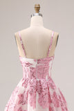 Floral Pink Spaghetti Straps Long Corset Prom Dress with Keyhole