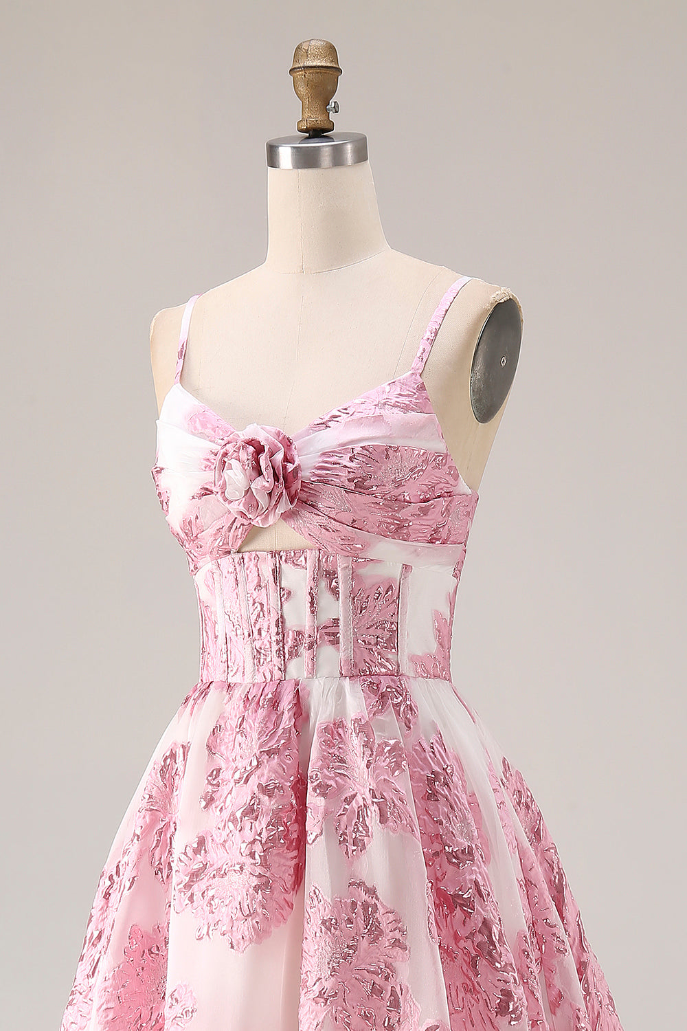 Floral Pink Spaghetti Straps Long Corset Prom Dress with Keyhole