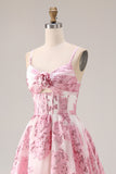 Floral Pink Spaghetti Straps Long Corset Prom Dress with Keyhole
