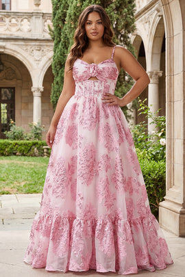Plus Size Floral Pink Spaghetti Straps Long Corset Prom Dress with Keyhole
