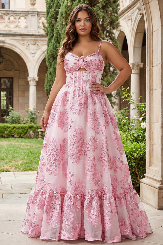 Plus Size Floral Pink Spaghetti Straps Long Corset Prom Dress with Keyhole