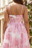 Plus Size Floral Pink Spaghetti Straps Long Corset Prom Dress with Keyhole