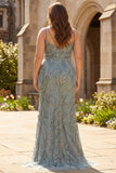 Sparkly Grey Blue Plus Size Beaded Mermaid Long Prom Dress