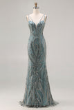 Sparkly Grey Blue Beaded Mermaid Long Prom Dress