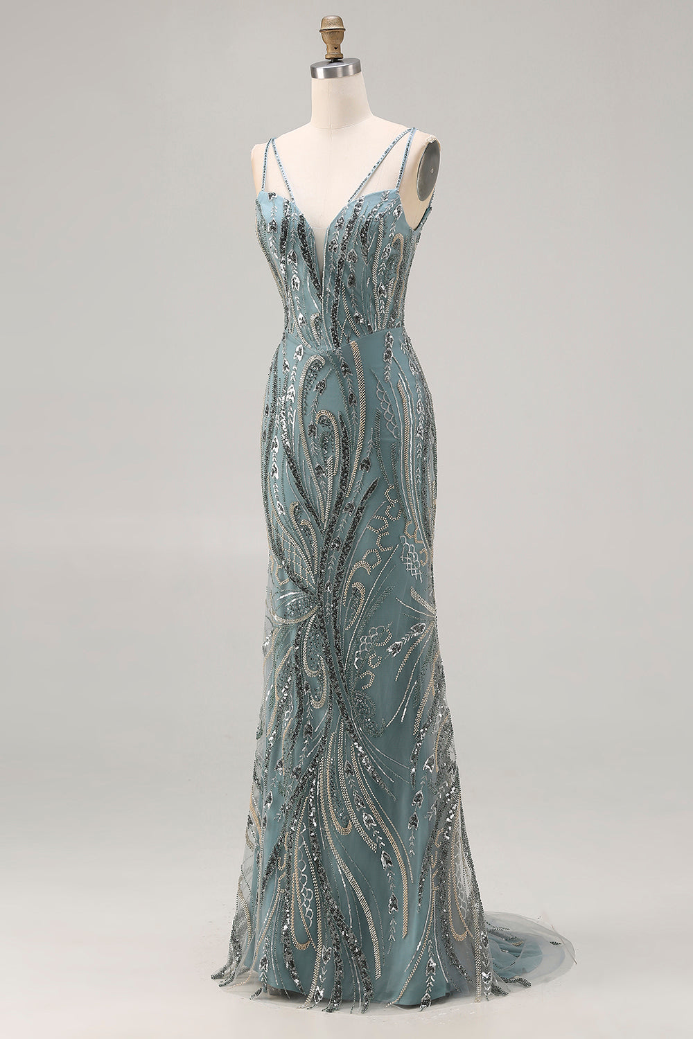 Sparkly Grey Blue Beaded Mermaid Long Prom Dress