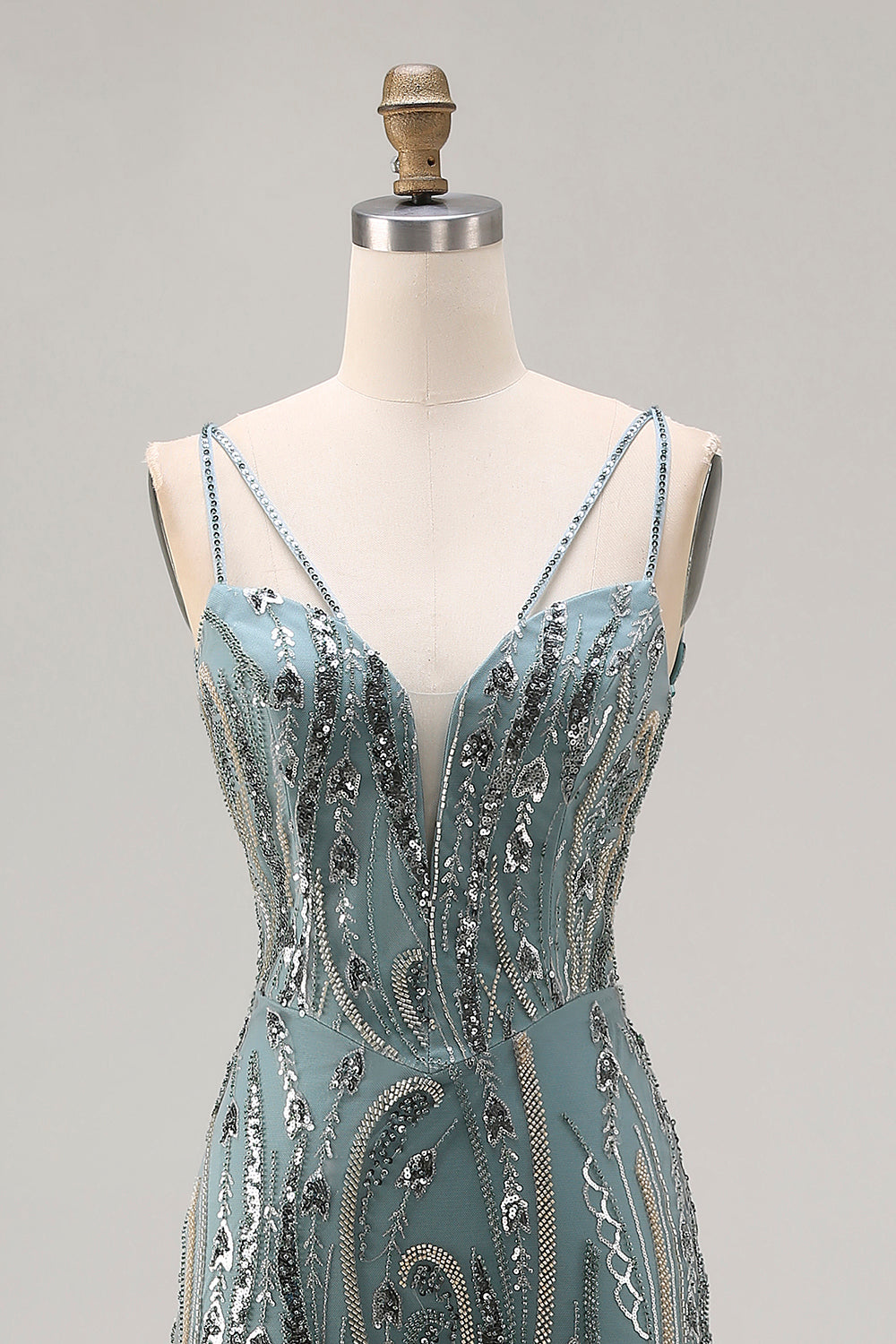 Sparkly Grey Blue Beaded Mermaid Long Prom Dress