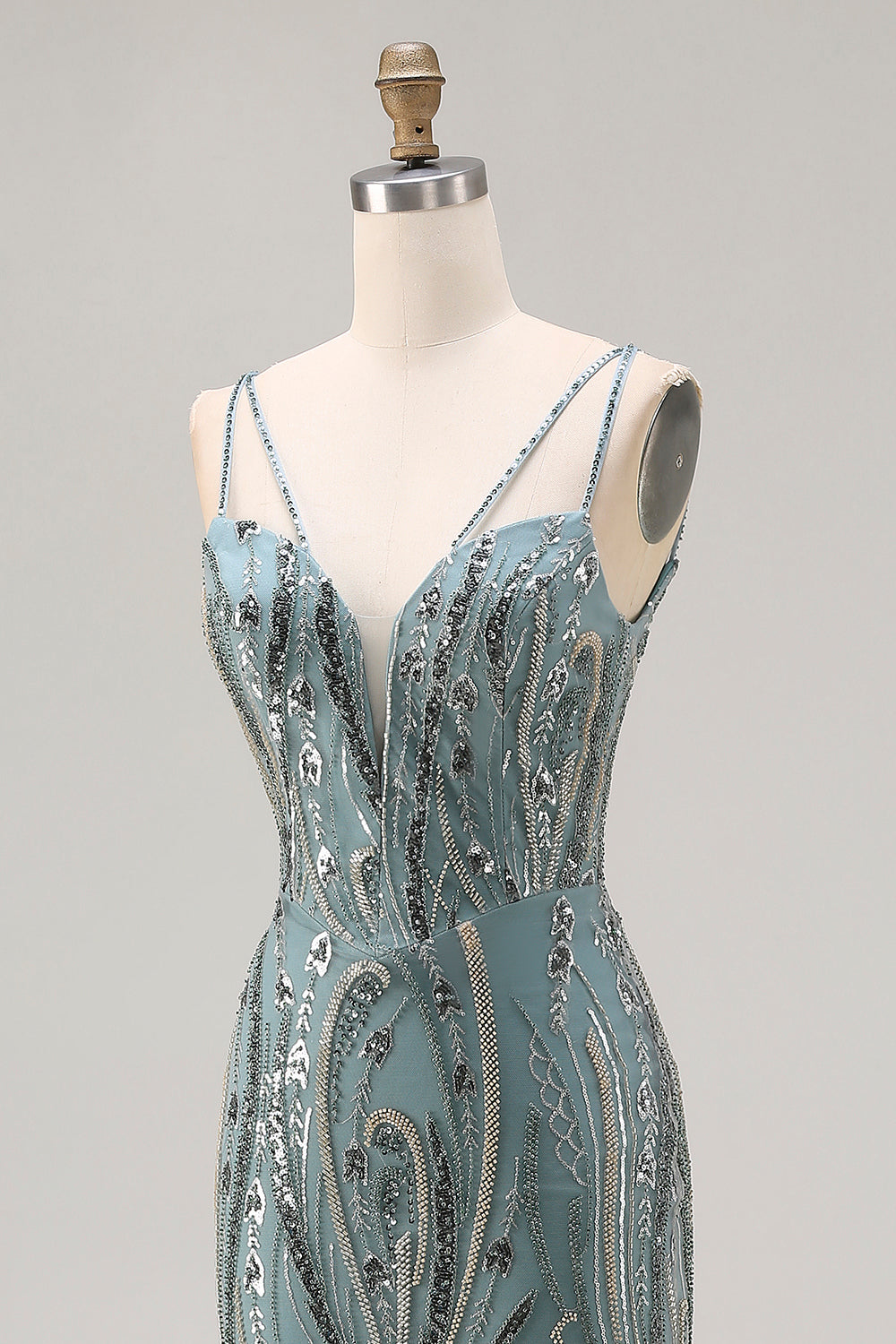 Sparkly Grey Blue Beaded Mermaid Long Prom Dress