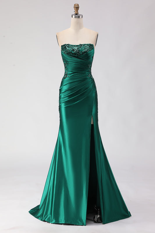 Sparkly Dark Green Mermaid Satin Ruched Long Prom Dress with Slit