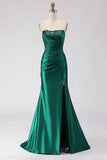 Sparkly Dark Green Mermaid Satin Ruched Long Prom Dress with Slit